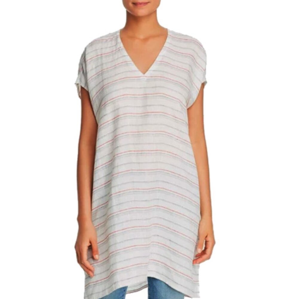 Eileen Fisher 100% Organic Linen Oversized Poncho Tunic White Gray Red Stripes S